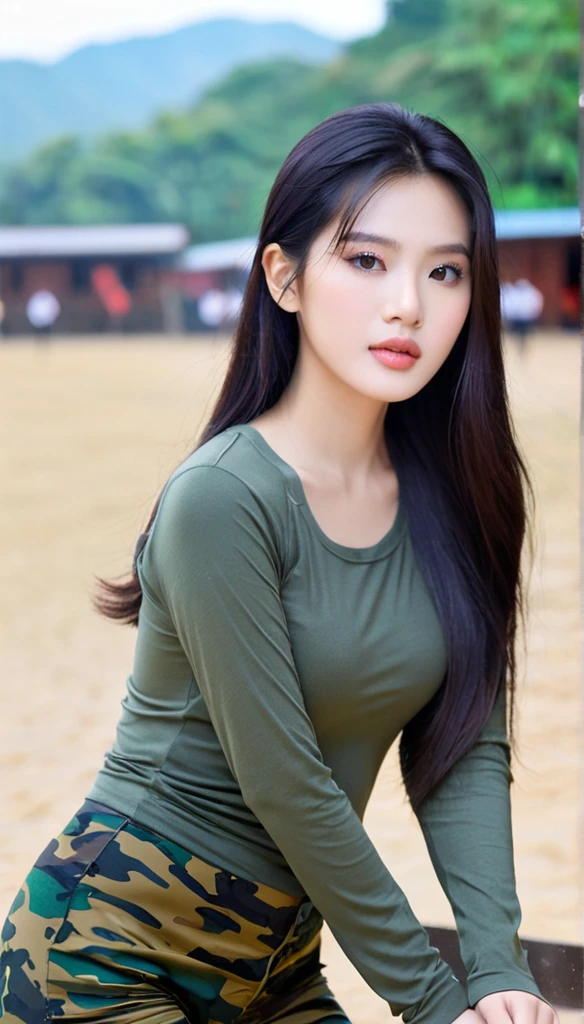 close-up of beautiful Vietnam, Trần Mai Hương is a Vietnam model and actress, age 20 years old girl, youthful face, perfect body, white body skin, very rapunzel long hair, standard black hair, straight hair, 36 inches breasts size, wearing a plain standard light white long sleeved t-shirt, wearing a tight camouflage leggings, sexy looking pose, pose a naughty look, pose looks seductive, at the military training camp, military training camp background, UHD