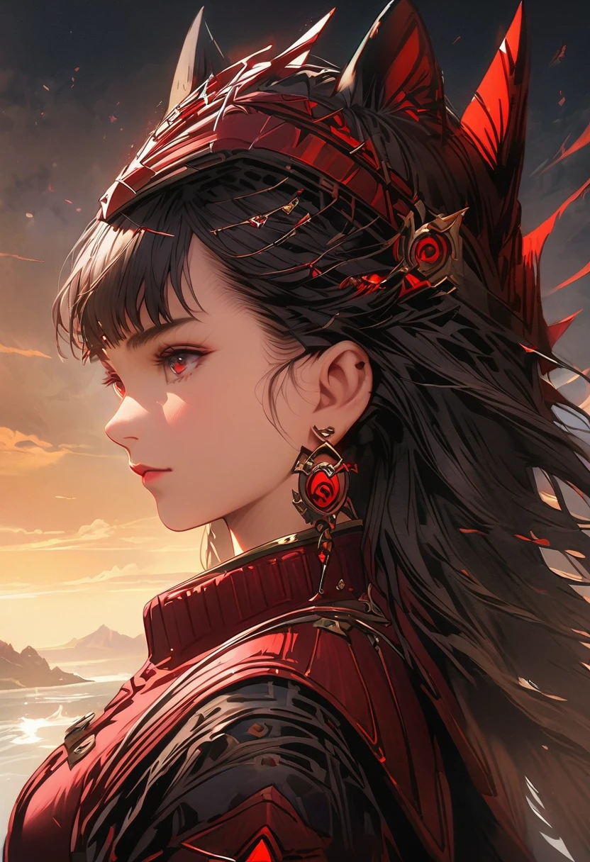 full body, dark fantasy portrait, Portrait in profile, realistic 4k digital art, realistic 4k digital art, dark fantasy portrait, Dark Fantasy Digital Art, (Dark), But detailed digital art, sexy girl with iridescent red eyes, 4k detailed digital art, red glowing eyes, twilight. mage, character desing, impressive dress, combate dress