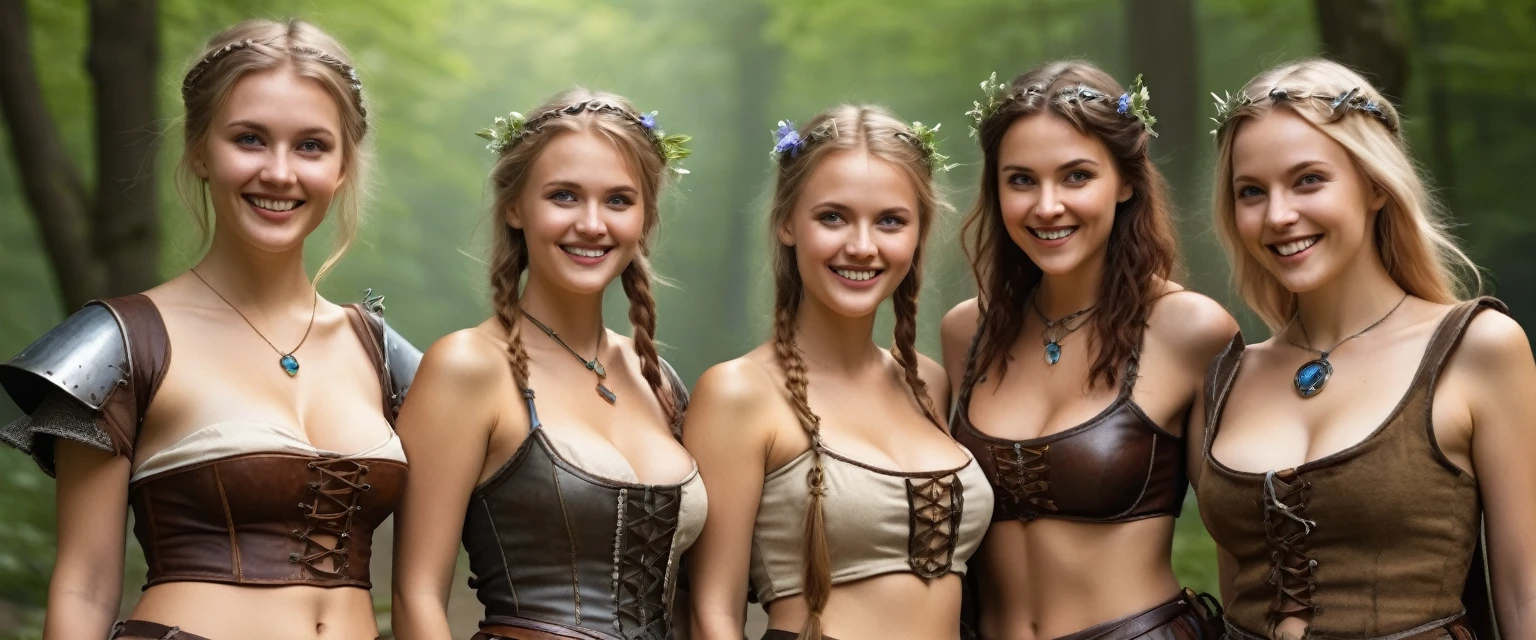 a group of sexy german womanin short medieval in-fantasy inspiried summer outfits  at a fantasy larp event. smiling. brat.  flashing thier tits. all natural.naked. topless. energetic. joyful. peaceful.  photorealistic, ultra-detailed, 8k, masterpiece, professional photo, vivid colors, studio lighting, physically-based rendering