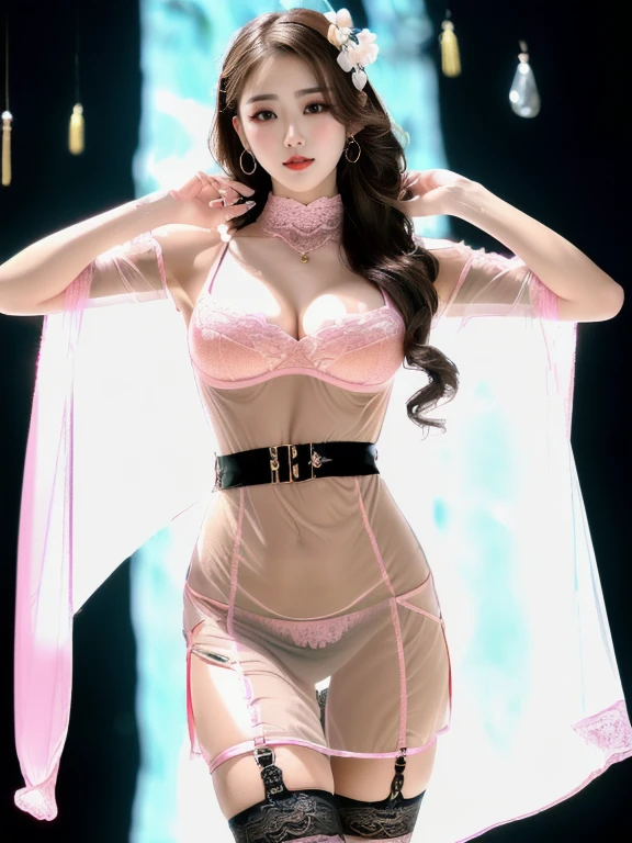 An Asian Chinese female model, (Waterfall Background), (8K Ultra HD, Digital SLR Camera, Soft Light, high quality, Volumetric Lighting, frank, photo, high resolution, 4K, 8K, Bokeh), ((Create stunning images of real girls), warm light, Dynamic poses, Elegant Posture, Cowboy lens, Full body front view, From the front,Be confident, Body facing the camera, Standing posture facing the camera, Open your legs slightly, Golden Ratio Graphics, Minimalism), (Show a charming smile, Willow Leaf Eyebrows, big eyes, Apricot eye prick, Cherry Blossom, Balanced Eyes, Oval face, Pretty Face, Normal facial features, Skin is transparent and visible, Thin skin and tender meat, Slim body, cosmetic, earrings, bracelet, necklace, Jewelry, veil, Hair accessories), (Brown hair, Wavy curly hairstyle, Waist-length hair, Messy Hairstyle, Gradient hairstyles, Cyberpunk hairstyle), ((Transparent clothes:1.5), (The color of the clothes:Pink), Transparent nightdress, Mesh clothes, Fully transparent maxi dress, Lace sexy lingerie), (Sexy, Perfect breast shape, Teardrop chest shape, Snow-white breasts, very detailed breasts, 34E cup), (Super high waist clothes, Chest hollow,(Camel toe, High fork strangulation)), (Black socks, Sheer lace knee socks, 吊garter, Leg ring, garter, 腿部garter)