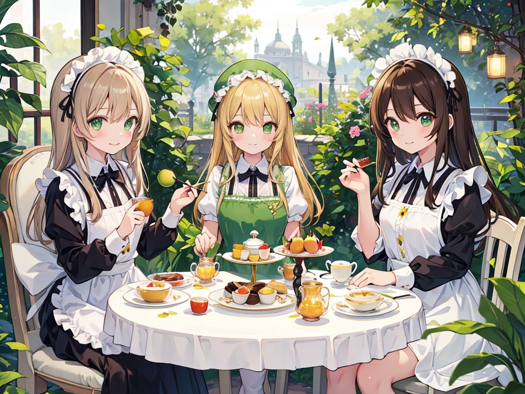 kawaii, anime, Cute, hyper quality, highly detailed, 16k, Front facing, Clarity, smile, one girl, brown long hair, green eyes, highlight on eyes, Kiwi fruit, Tea party, black tea, upper body, have a fork, Afternoon tea, Macaron, tart, fruits, full of light, prism effect, heart accessories, angel wing accessories, brown bird stuffed animal, Maid clothes, sit on a chair, fruit and tea on the table, Fruit basket, garden party, glass teapot, little birds chirping, tea party in the garden, table cloth, golden kiwi, kiwi, The only character is a girl,