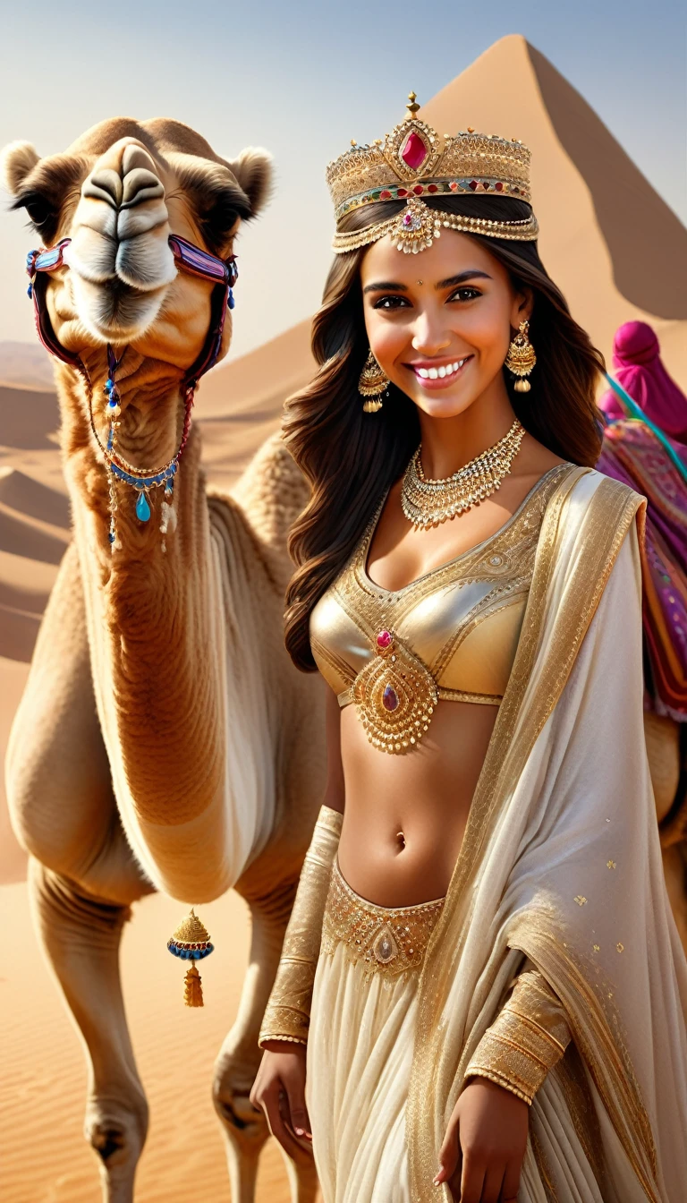 Desert Princess, Masterpiece, high resolution, Realistic, Detailed Description, Anatomical integrity, Camel decorated with a tiara and royal attire, smiling proudly with long lashes down, A smiling Arabian royal girl watches over her camels, Surrounded by the royal family&#39;s retainers, Royal palace in the desert