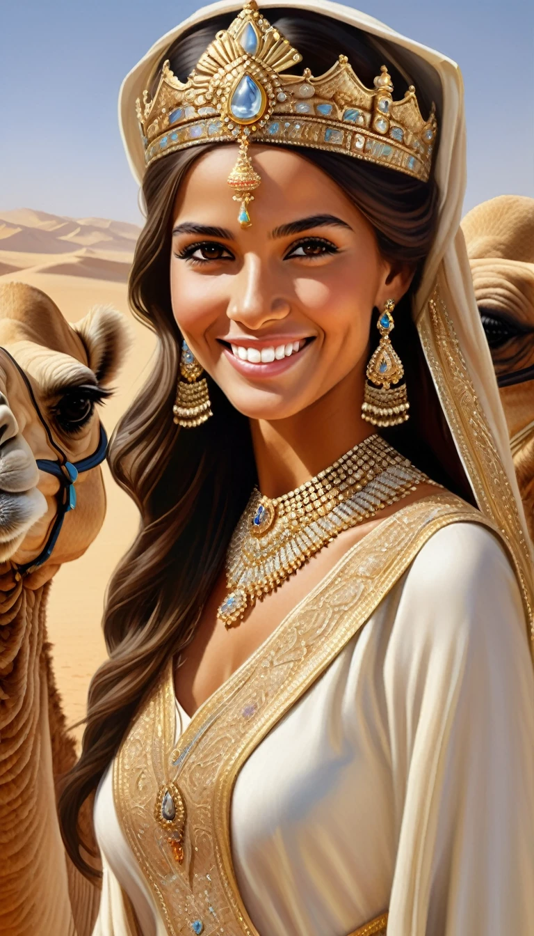 Desert Princess, Masterpiece, high resolution, Realistic, Detailed Description, Anatomical integrity, Camel decorated with a tiara and royal attire, smiling proudly with long lashes down, A smiling Arabian royal girl watches over her camels, Surrounded by the royal family's retainers, Royal palace in the desert