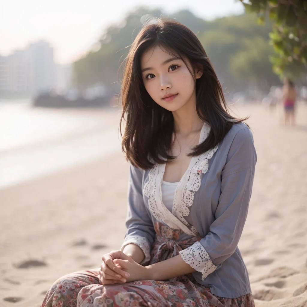 a solo model girl ,beach,half smile ,bokeh,