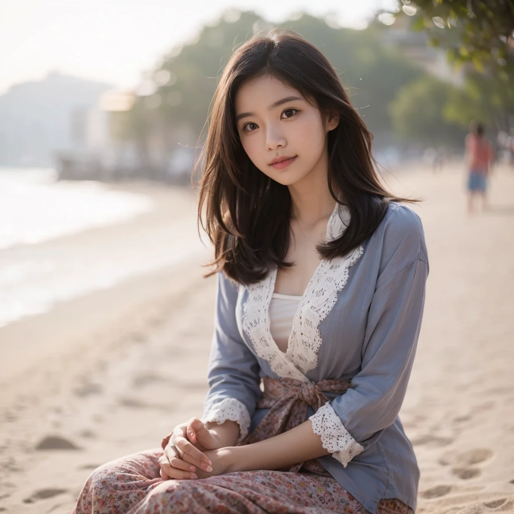 a solo model girl ,beach,half smile ,bokeh,