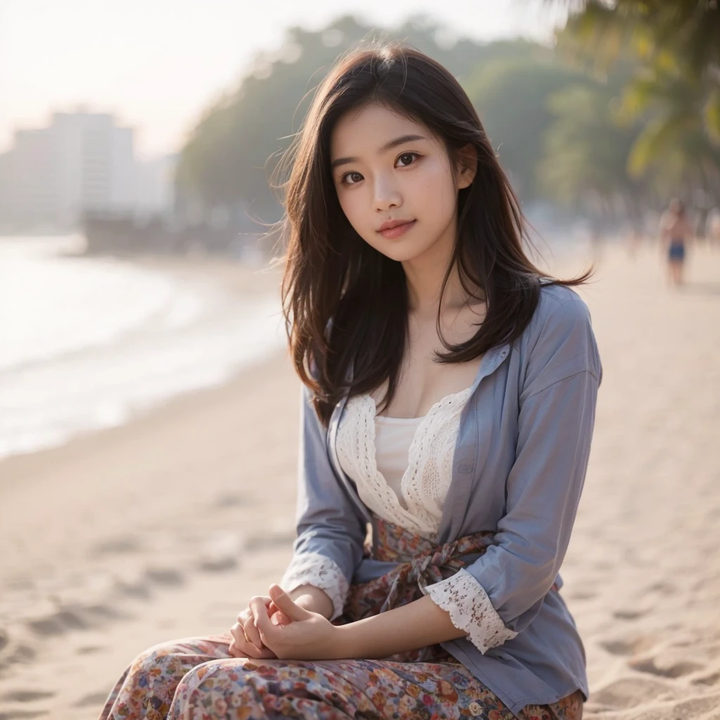 a solo model girl ,beach,half smile ,bokeh,