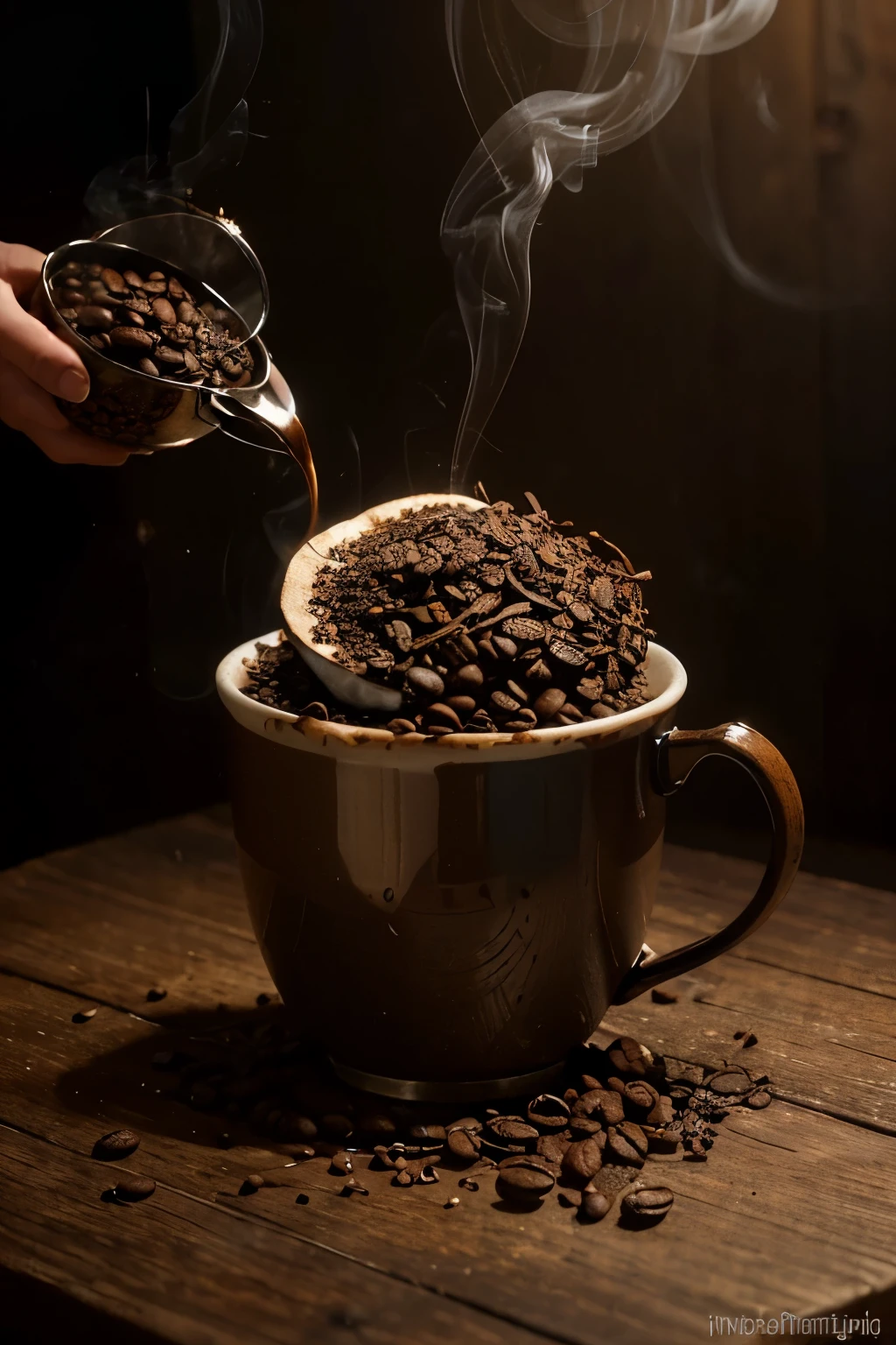Dimensions: 1080x608 pixels
Main Elements:
Freshly Light-Roasted Coffee Beans: Centered in the image, with a slight smoke emanating from them to emphasize their freshness and aroma.
Fresh, Loose Tea Leaves: Prominently placed next to the coffee beans to create a striking contrast and balance within the composition. Ensure the tea leaves are given equal importance in the visual hierarchy.
Text:
Word: "Kawajoy"
Font: Metallophile Sp8 Light
Placement and Style: The text should be incorporated into the image in a way that is subtle yet legible. It should fit the natural and rustic ambiance of the image.
Additional Notes:
The overall feel of the image should be warm and inviting, highlighting the freshness and quality of both the coffee beans and tea leaves.
The smoke from the coffee beans should be delicate and not overpowering, adding to the sensory appeal of the image.
Ensure that the colors and lighting are natural, enhancing the textures of both the coffee beans and tea leaves. Both elements should be given equal visual weight to highlight their freshness and quality.