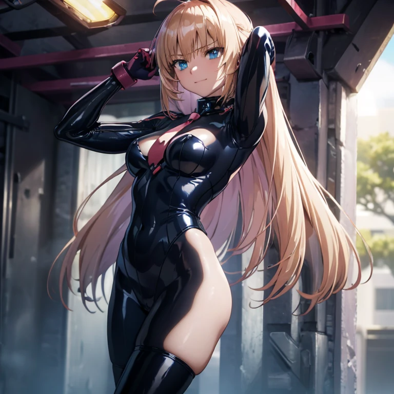 Very detailedな, Explicit, Beautiful body, Beautiful Nose, Beautiful character design, Perfect Eyes, Perfect Face, Ultra-high resolution, 4K, Beautiful legs, Perfect Legs, Nice hands, Perfect hands, masterpiece, Highest quality, Very detailed, shape, Confused, Street Fighter, Doll Suit, シャドルー人shape, Doll Suit, Expressionless, Hollow Eyes, Looking at the audience, Red gloves, emotionless, black latex, corruption, Mind control, Female Fighter, whole body, Hypnosisにかかった, Unfortunate trance, whole body suit, ribbed bodysuit, Place your arms at your sides, Follow, Perfect female body, extremely glossy latex, Hypnosis, Hypno Lola, Hollow Eyes, Mind control装置, stop temporarilys, Obedient_stop temporarily, slave, have, tie, Are standing, Are standing up straight, 注意してAre standing, have, yellow tie, belt, latex, ribbed bodysuit, Knee socks, garter belt, Preparing for battle, Extend your right arm from your shoulder、Stretch your hands in the air., military, Thigh-high boots, alone, Classroom of the Elite, ichinose honami, Pink blonde hair, blue eyes, Long Hair, Big Breasts, Wicked Smile, With an Wicked Smile, A glittering and flashy cyberpunk night view、