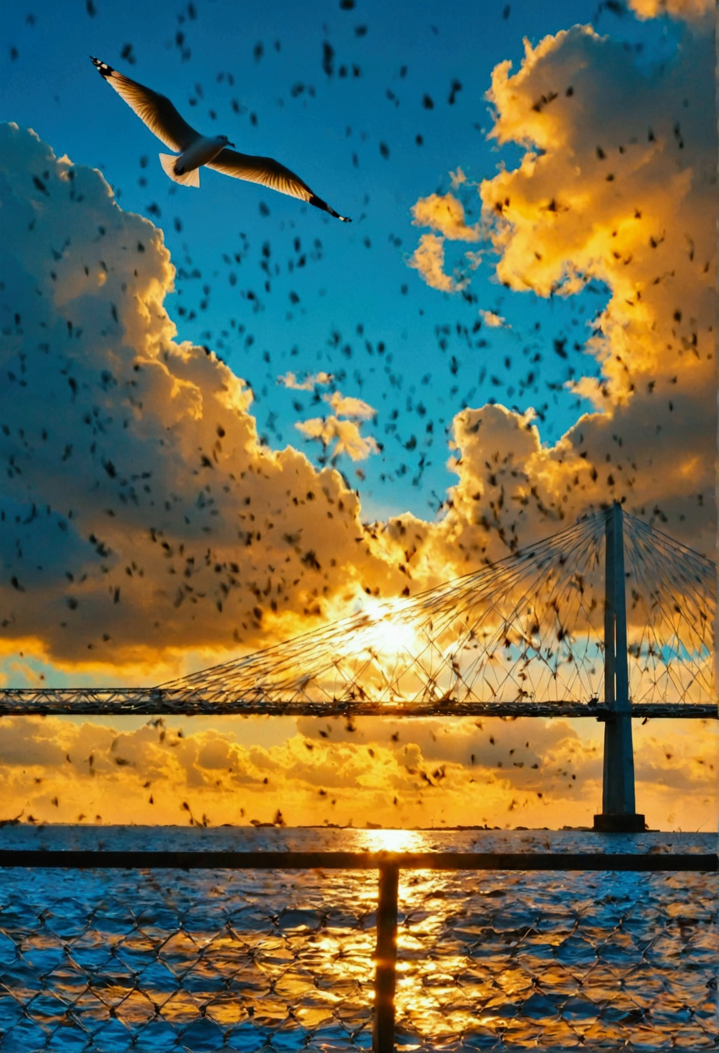 Sea，Sunset，Water surface gold，Sea surface，raw，Silhouette，uhd，，Bridge，Seagull，Clouds，bike，Blue sky and white clouds
