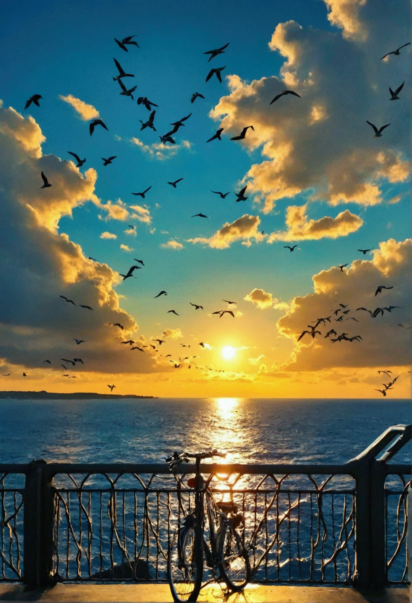 Sea,Sunset,Water surface gold,Sea surface,raw,Silhouette,uhd,,Bridge,Seagull,Clouds,bike,Blue sky and white clouds