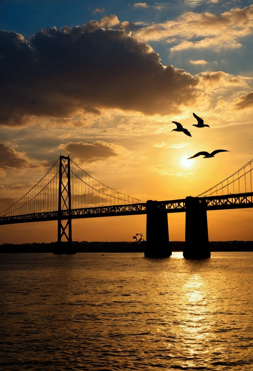 Sea,Sunset,Water surface gold,Sea surface,raw,Silhouette,uhd,,Bridge,Seagull,Clouds,bike,Blue sky and white clouds
