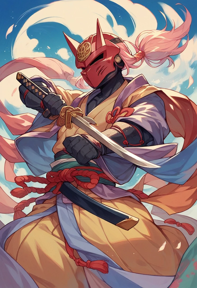 Japanese Samurai、Colorful armor and helmet、Holding a sword