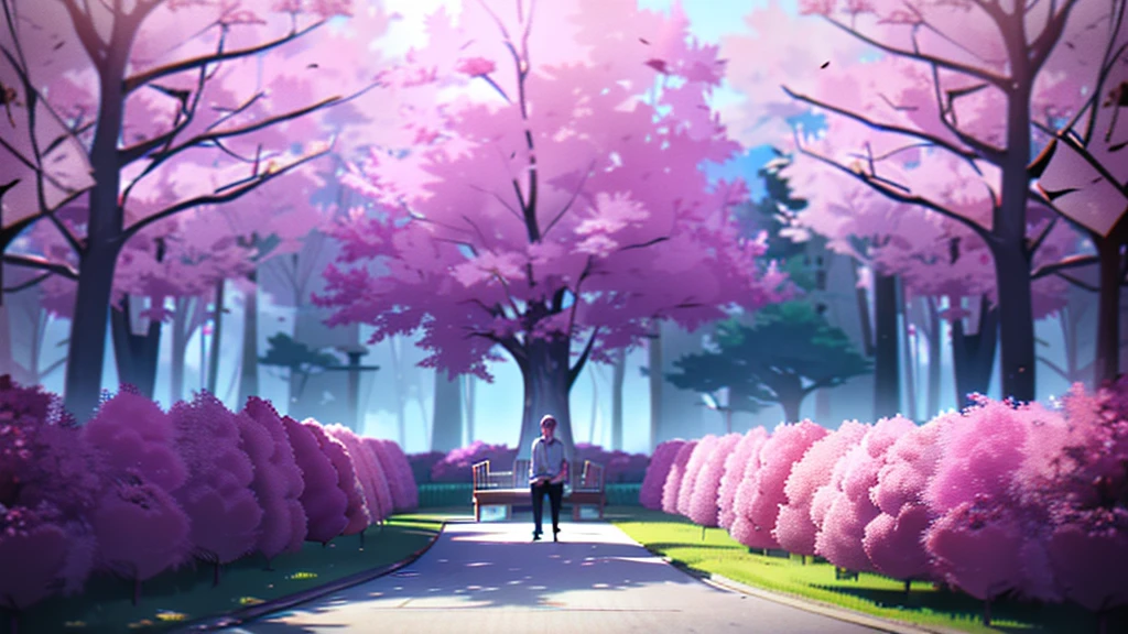 A man with pale skin and long white messy hair covering one of his eyes, splashart, splashart, Splashart de League of Legends, arte, Pincelada, obra-prima, 8k, Ultra Detalhado, disco Rigid, pink trees, blossom, sitting on a tree bench, japanese traditional clothes, soft purple clothes, shy expression, blushing, purple eyes,