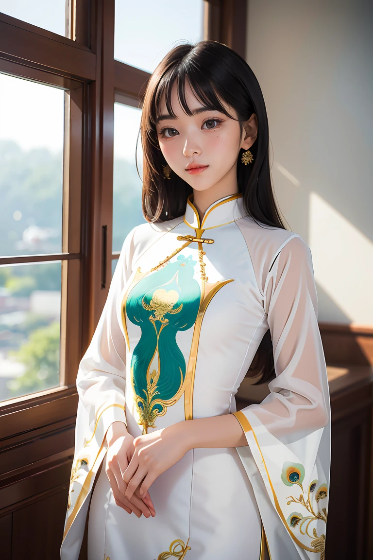 the girl in the Ao Dai is sewn from thin silk or cotton fabric, has a long and body-hugging white style that is very detailed, the peacock pattern in front of the shirt is very detailed, the girl stands in a very splendid space with many details