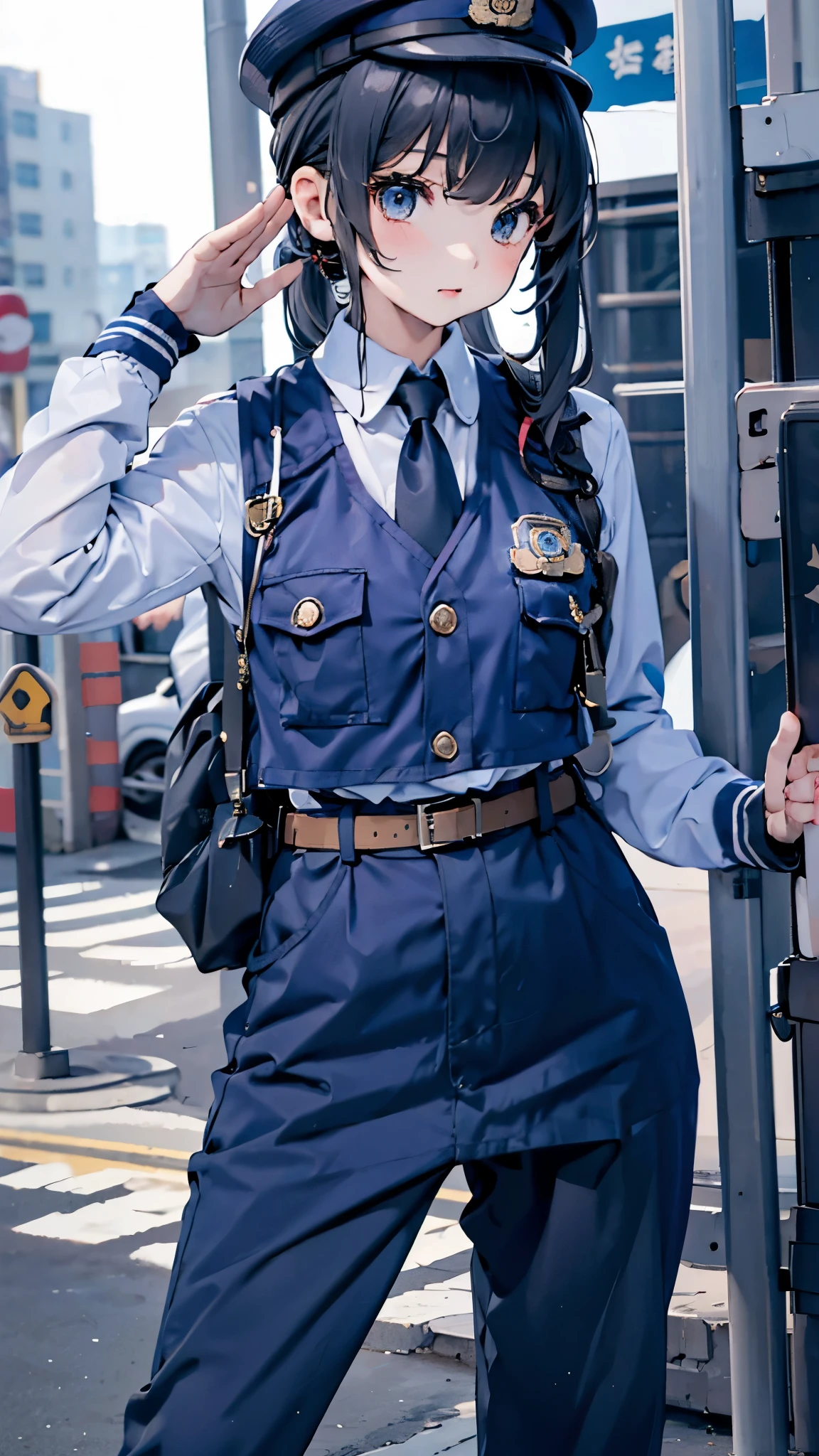 女警girl，girl，Police Uniform，紧身Police Uniform，藏青色Police Uniform，Metropolitan Police Department Helmet，Japanese Metropolitan Police Department clothing，紧身jeans，jeans，Tactical Vest，high-heel boots，boots，Police hat，Police hat，Police badge，City background，Outdoor Background，Street background，警视厅girl，Military dress style，Close-up above the waist镜头，Close-up of upper body，Close-up above the waist