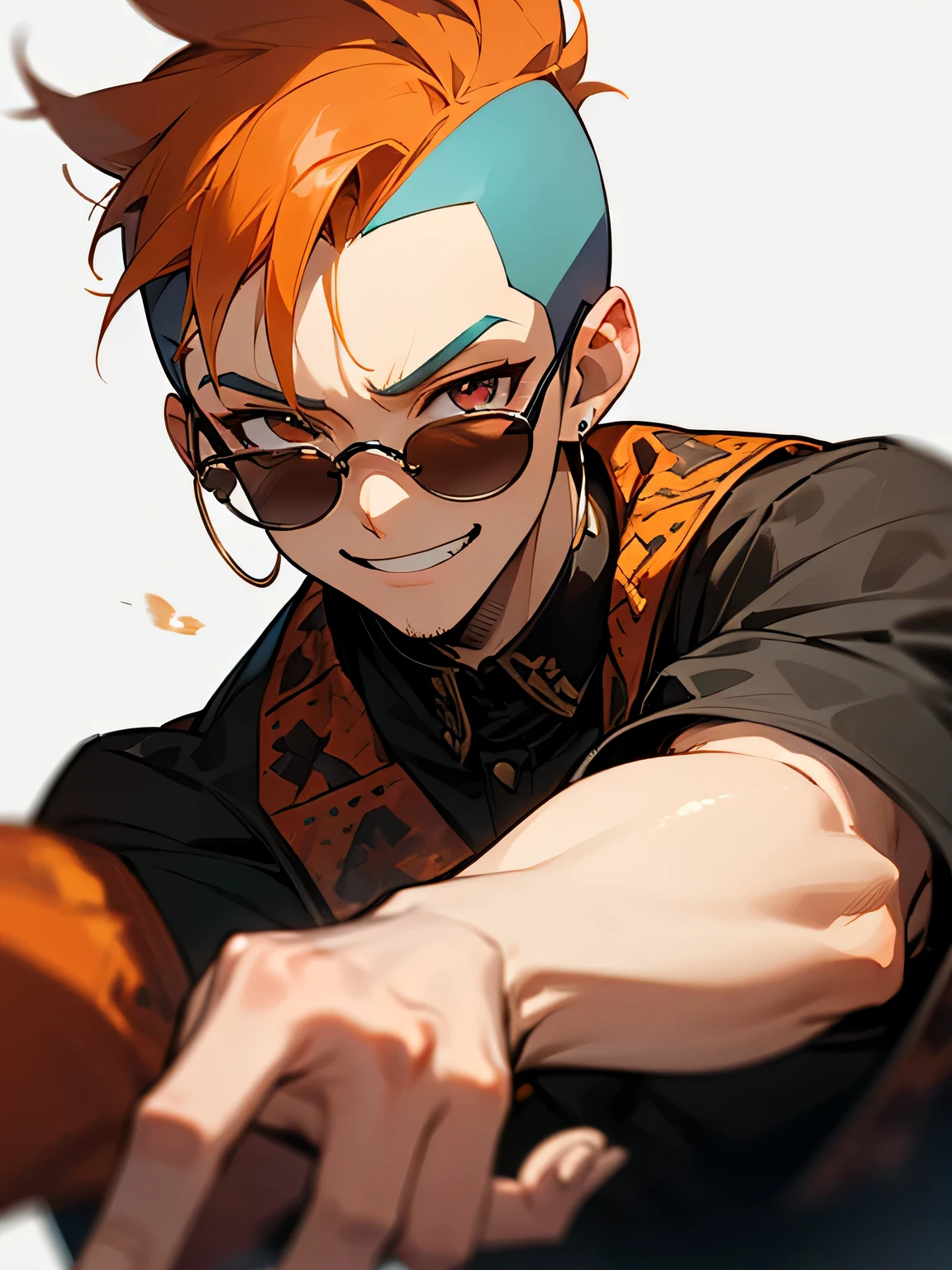 solo,looking at viewer,1boy,orange soft Mohawk haircut ,buzz cut,no bangs,big forehead,male's eyes, male's nose, male's mouth,handsome face,under rim colorglasses, manly, grin,plaids pattern clothe,(model fighting pose),white simple background、mens earrings