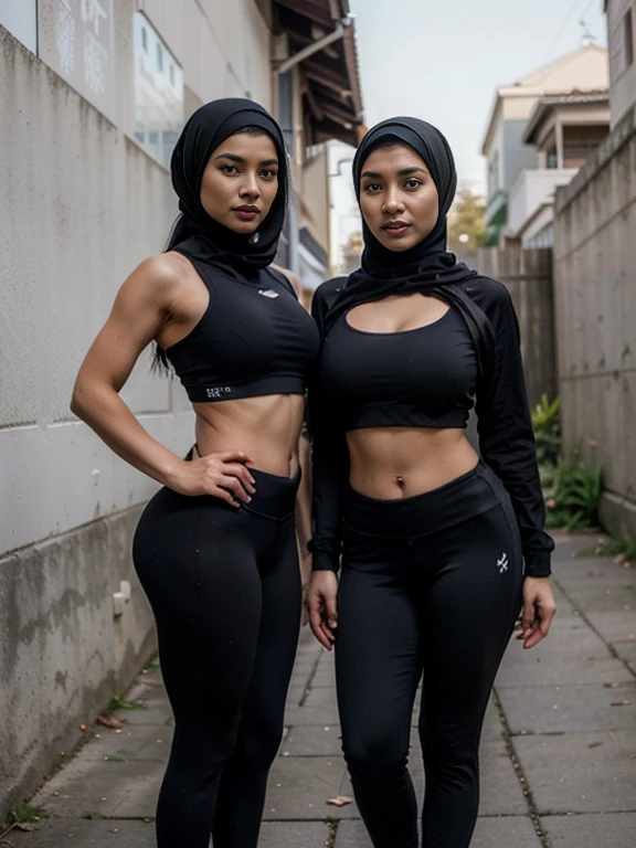 (2girls:1.2), (full body photo), in an unoccupied alley, wall, cement, (two hijabi muslim malay womens closely stood side by side), , Wulan, age:25, (wulan wore black hijab, sports bra, long leggings), Winda, age:23, (winda wore black hijab,  sports bra, long leggings), (looking at viewer)

 in an unoccupied alley, wall, cement, (both wore black hijabs), (black hijabs),

high detail, depth of field, film grain, UHD, retina, masterpiece, ccurate, anatomically correct, textured skin, super detail, high details, high quality, award winning, best quality, highres, HD, 8k, 1080P