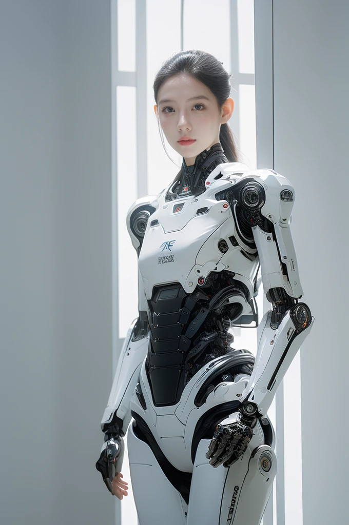 {{best quality, 1080P, Masterpiece, Ultra high resolution, photorealistic, ultra realism, Realistic skin texture, Extreme skin detail, dslr, Detailed eyes, blue eyes, Facing the camera, A very beautiful young face, Concise facial structure, Pale skin, Realistic skin texture, Extreme skin detail, oc render reflection textures, Realistic light and shadow, Single picture, alone, beautiful chinese girl face, The body is slim and balanced., Age 20, Height 170, naked girl, Nude, sexy pose, no underwear, A girl with the body of a mechanical robot., Transparent futuristic black glass mech armor suit, The mechanical cervix is attached to the neck., flat stomach, Girl with perfect robot arms and legs, Stand until you can see your feet., full body view, Whole body photo.}}