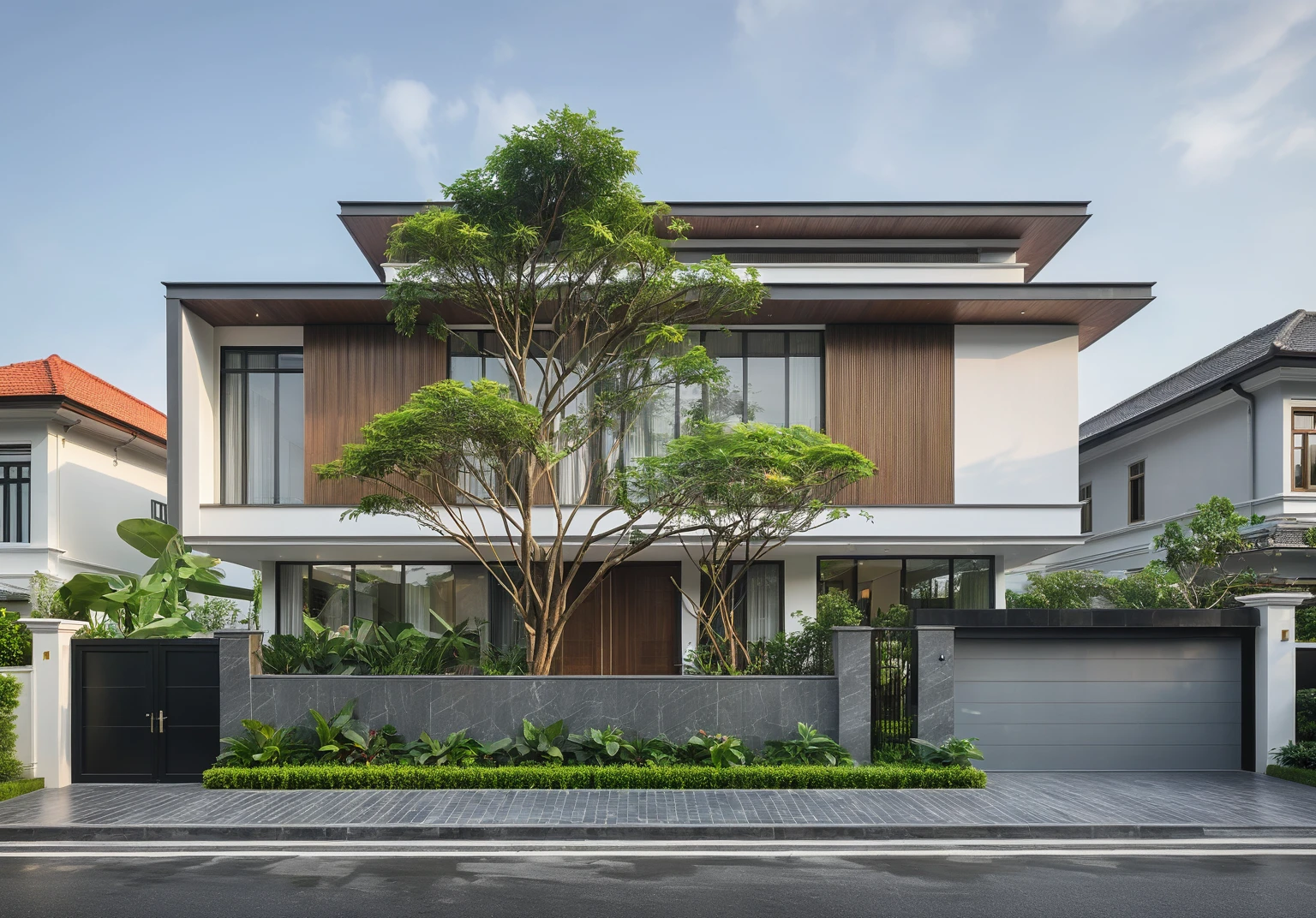 modern villa on street, (daylight), tropical tree, green shrub and plants, vivid color, streetcapes, minimalist design, brigth grey tone, (large glass door:1.2), warm interior lighting, modern material, best quality, ultra realistic, masterpiece, 
