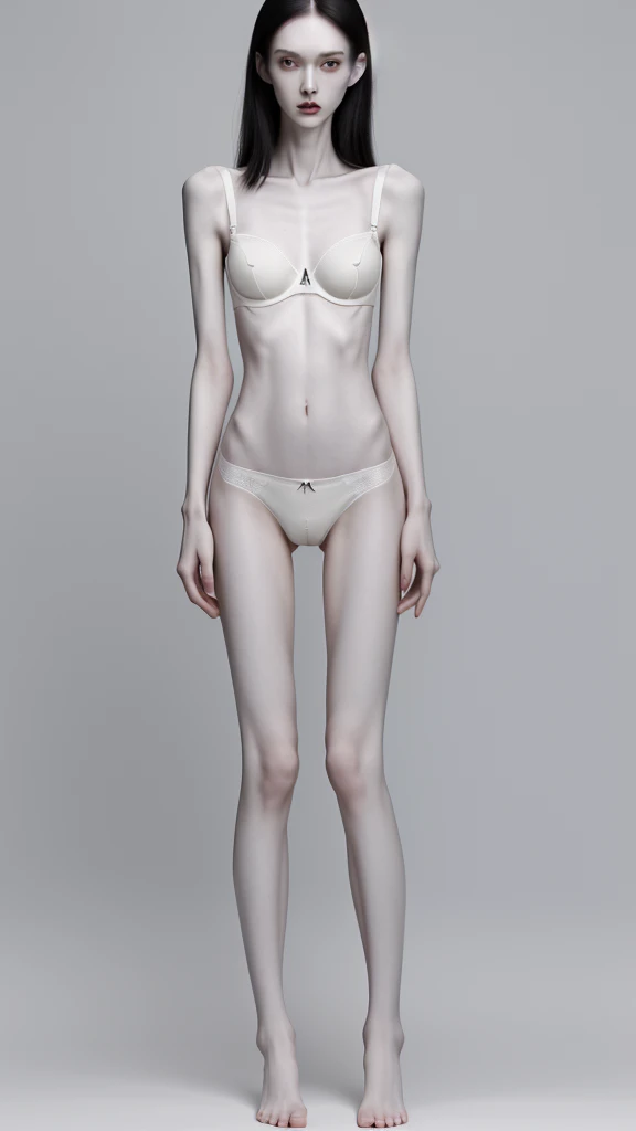 a woman, very thin body, body visible bones, very slender, pale white skin, panties, bra,tatto, full body, has a mental breakdown , perfect body