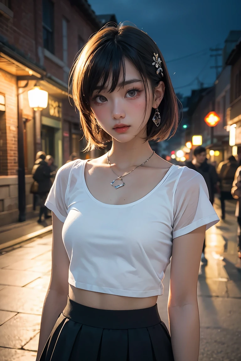 1 girl, best quality, masterpiece, high resolution, [purple|sliver|green] _hair, black miniskirt, hair accessory, necklace, jewelry, beautiful face, looking forward, full body view, realistic, outdoor, modern square, two-tone lighting, (high detail skin: 1.2), 8k UHD, dslr, soft light, high quality, volumetric light, candid, photo, high resolution, 4k, 8k, background blur