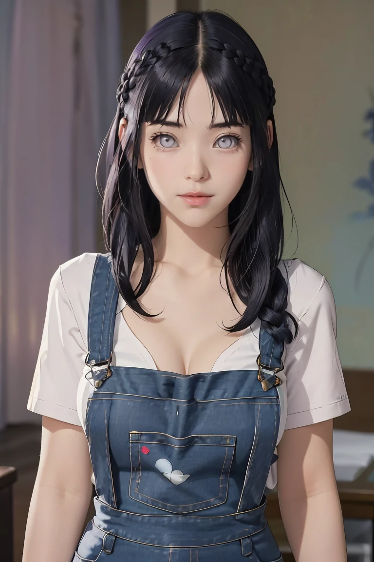 tmasterpiece， best qualityer， ultra - detailed， illustration，1girll，
long whitr hair，dark-blue hair，french braid，Purple eye，bluntbangs，cleavage，Large breasts
shirt，（jeans overalls：1.1），
mideum breasts， 
looking at viewert，hyouka/（Boruto/），Detailed lips