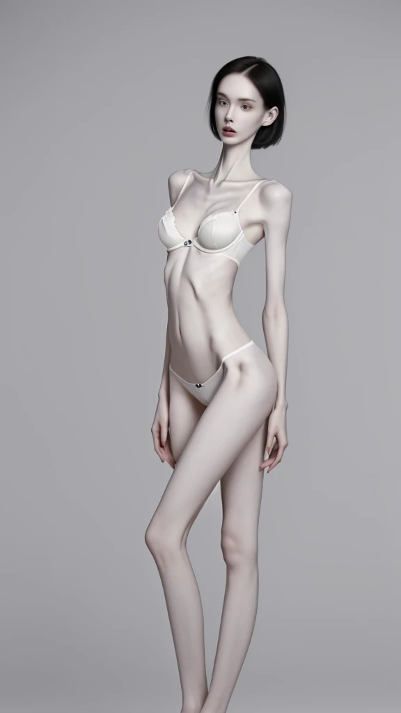 a woman, very thin body, body visible bones, very slender, pale white skin, panties, bra,tatto, full body, has a mental breakdown , perfect body
