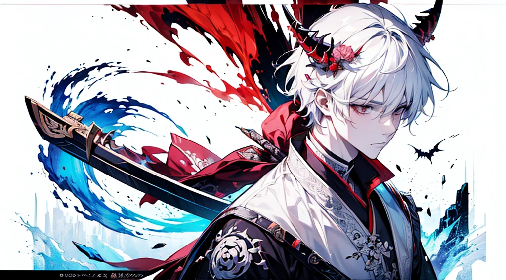 anime, a man with a sword in his hand and a demon in the background, handsome guy in demon slayer art, nagito komaeda, white haired deity, badass anime 8 k, anime epic artwork, high detailed official artwork, by Yang J, anime wallaper, detailed anime character art, hd anime wallaper, thancred waters, detailed digital anime art