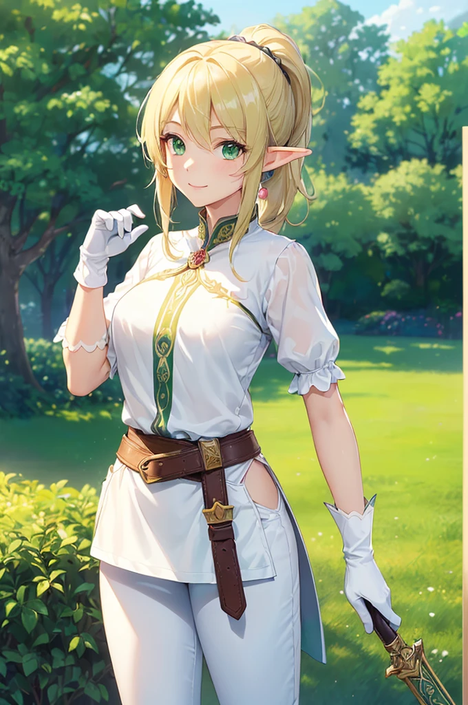 (((masterpiece; best quality: 1.2))), (finely detailed eyes: 1.3), (25 year old elf woman), (solo), (green eyes: 1.4), (body; lithe, fit, femenine: 1.3), (silky blonde hair + low ponytail: 1.3), (beautiful and clear background: 1.2), ((depth of field)), (equipment: adventurer attire + modest + white tunic + black pants + gloves + belt + pouches: 1.3), (anime illustration: 1.2), (background composition; royal garden: 1.1), (extremely fine and beautiful: 1.1), (shot composition; standing + centered on torso + close-up: 1.5), (expression; calm, smile: 1.2)