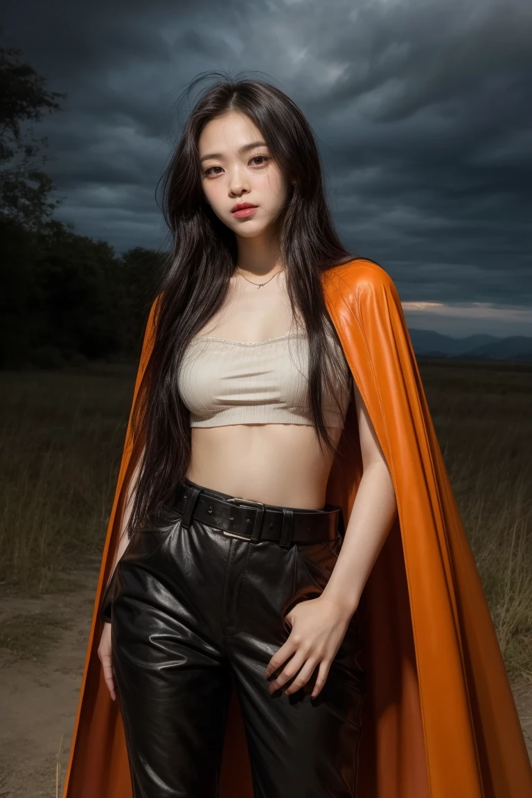 long black-haired white 17-year-old girl wear military suit, orange cape, big hazel eyes, sci-fi, dark mood, charturnerv2