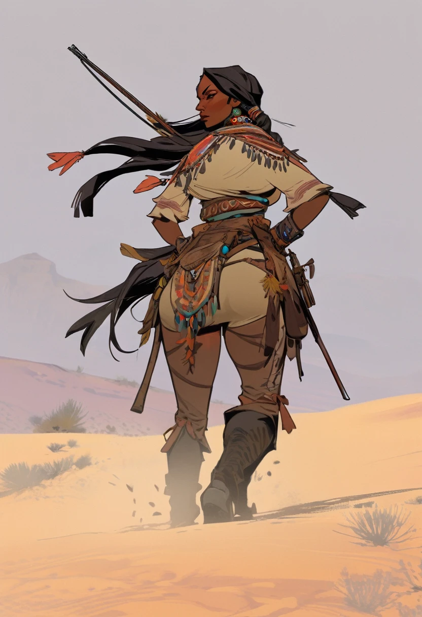 score_9, score_8_up, score_7_up, score_6_up, score_5_up, score_4_up, 1womam , Western, far away, Wild West, red dead Redemption, cartoon art style, Hunting, desert, Nightfall, Indigenous, Solo, Bow, Hunter, Thong, Indian marks, Crouching, stealthy, long straight hair, Plume 