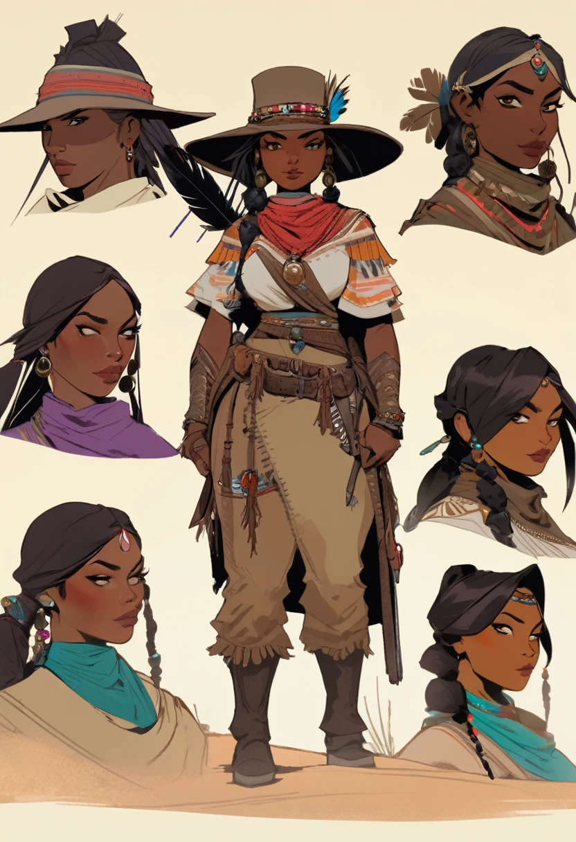score_9, score_8_up, score_7_up, score_6_up, score_5_up, score_4_up, 1womam , Western, far away, Wild West, red dead Redemption, cartoon art style, Hunting, desert, Nightfall, Indigenous, Solo, Bow, Hunter, Thong, Indian marks, Crouching, stealthy, long straight hair, Plume