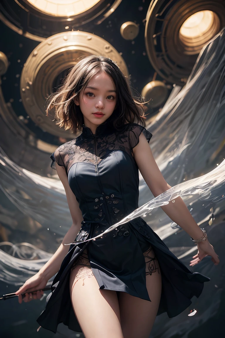 ((masterpiece, best quality)), ultra detailed 8k, photorealistic, sharp focus, highly detailed, professional lighting , shadowmancer, photo of a woman, ink particle, ((swirling black ink floating around)), futuristic fantasy, futuristic black dress, dynamic pose, realistic, masterpiece, intricate details, detailed background, depth of field,