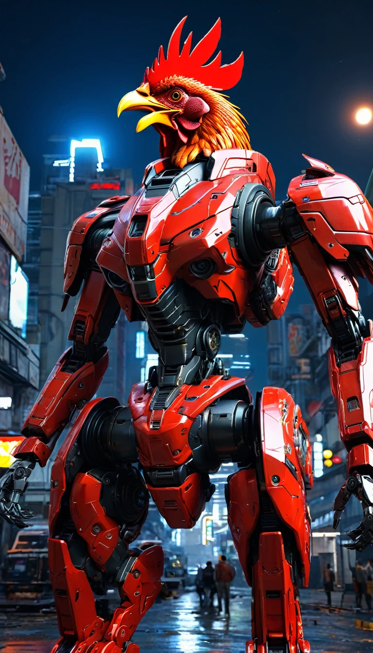 Red theme, phoenix mecha, head for rooster chicken head, mecha wings, cyberpunk, best quality, masterpiece, unmanned, full body, mechanical marvel, strong, moon, ruined city, highest quality digital art, stunning art, wallpaper 4k, highly detailed, military robot, army, war zone, dynamic lighting, movie, epic, damaged mechanical parts