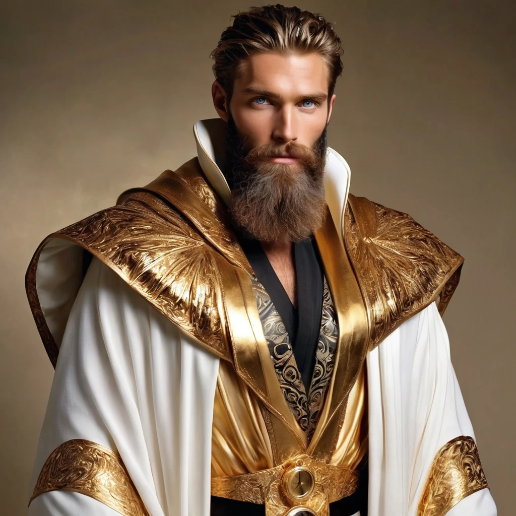Physical Appearance:

Age: Timeless

Height: Varies, but often appears as a tall, imposing figure

Build: Shifts between a robust, bearded man and a young, energetic youth

Skin: Golden, with a metallic sheen that seems to reflect different eras

Hair: Changes from white to black depending on which aspect is dominant

Eyes: Clock-like irises that constantly turn, with hour and minute hands

Distinguishing features: Surrounded by a faint aura of shifting timestreams

Attire: Robes that change style to reflect different historical periods