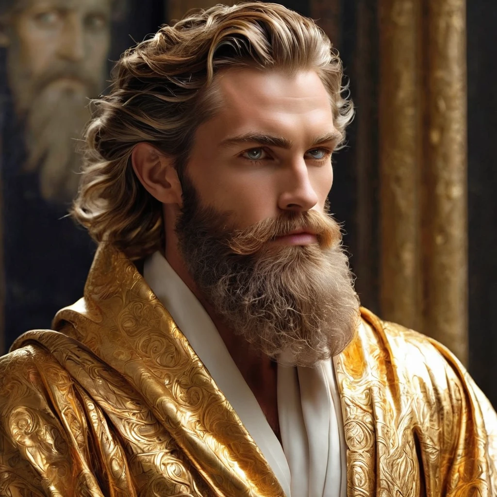 Physical Appearance:
Age: Timeless
Height: Varies, but often appears as a tall, imposing figure
Build: Shifts between a robust, bearded man and a young, energetic youth
Skin: Golden, with a metallic sheen that seems to reflect different eras
Hair: Changes from white to black depending on which aspect is dominant
Eyes: Clock-like irises that constantly turn, with hour and minute hands
Distinguishing features: Surrounded by a faint aura of shifting timestreams
Attire: Robes that change style to reflect different historical periods