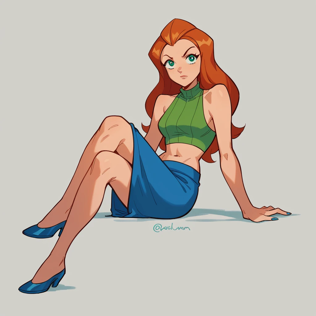 sam, totally spies, blue skirt, midriff, bare shoulders, sitting, crossed legs, blue flats