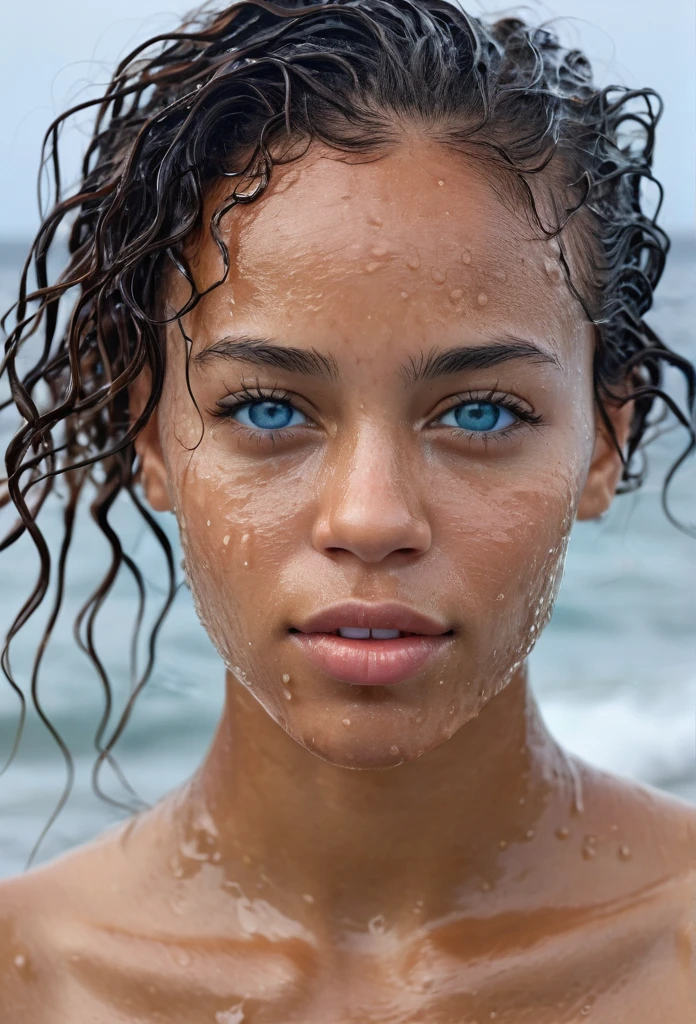 Beautiful biracial woman ,  extremely detailed face , light blue eyes, nake in the ocean, wet hair, wet face