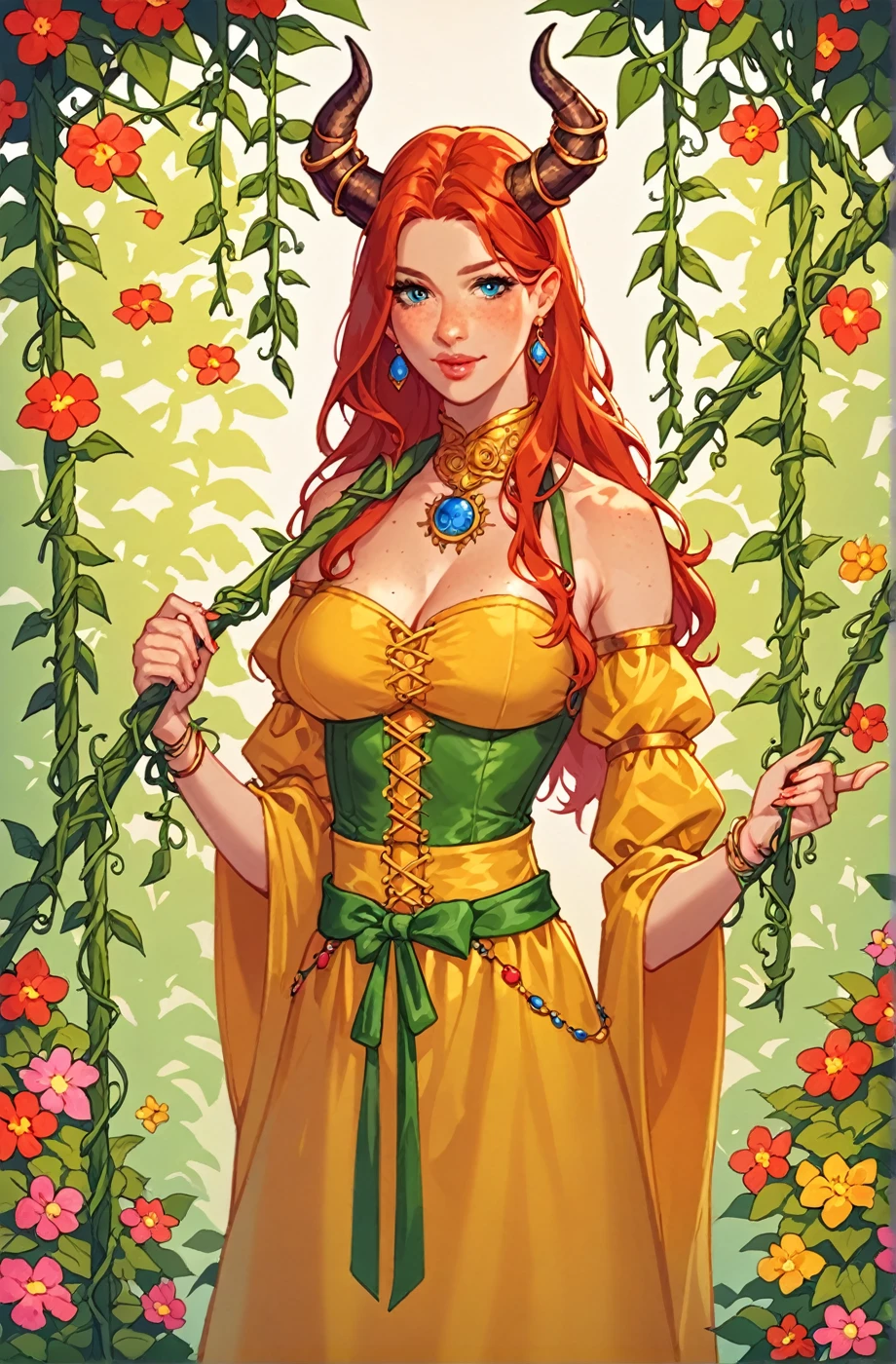 score_9, score_8_up, score_7_up, score_6_up, score_5_up, score_4_up, BREAK source_anime, yellow medieval summer girl, concept, vines on the hand and horns from vines