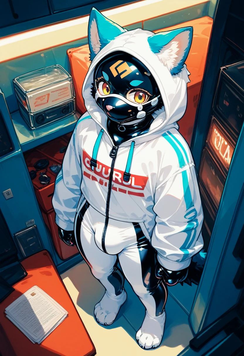Highest quality, Highest quality, High quality illustrations, masterpiece, Ultra-high resolution, Detailed Background, Games Room, Absurd, Perfect Anatomy, performance, Good lighting, Shadows in the movies(kemono, Furry PersonifiCation), Cat, Dark Skin, Rubber suit, Rubber suit, latex, neon, neonライト, neonカラー, Rubber spats, White rubber hoodie,  Rubber mask, ribbon, Embarrassing, Null bulge, male, juvenile, From above