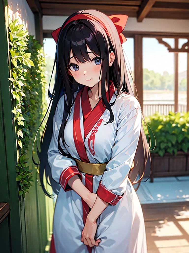 (​masterpiece、top-quality、hight resolution), Create an image of a woman with a pure and innocent appearance, dressed in modest and elegant clothing. She should have an air of sophistication and refinement, with a gentle smile and a calm demeanor. The background can be a tasteful and upscale environment, such as a garden or a well-decorated room, emphasizing her outwardly pure and reputable persona. The image should subtly suggest a hidden, more promiscuous side without being explicit. ((red ribbon, hair band)), Glamorous body, cardigan