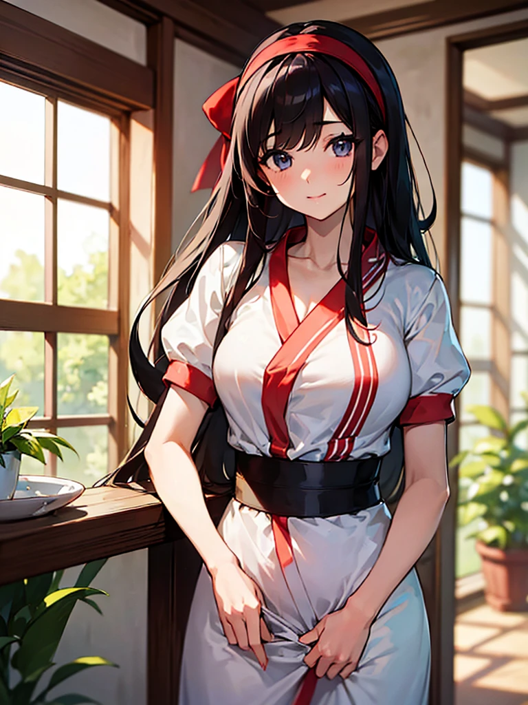 (​masterpiece、top-quality、hight resolution), Create an image of a woman with a pure and innocent appearance, dressed in modest and elegant clothing. She should have an air of sophistication and refinement, with a gentle smile and a calm demeanor. The background can be a tasteful and upscale environment, such as a garden or a well-decorated room, emphasizing her outwardly pure and reputable persona. The image should subtly suggest a hidden, more promiscuous side without being explicit. ((red ribbon, hair band)), Glamorous body, cardigan