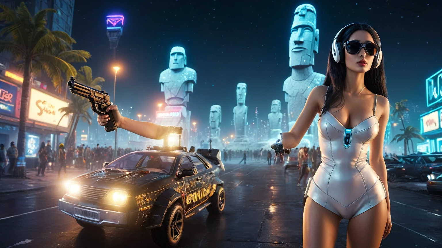 At night, dark sky, distant shot aerial view of fantasy cyberpunk style ice ((Moai-statue)) city, ((flying car)). ((1girl, solo, alone)), medium-breast:1.1 slim body, cleavage, sexy clothes, (headphone, black sunglasses, long black realistic hair), (((hip-up standing and holding pistol))), half-body thigh level medium shot, cinematic lighting.