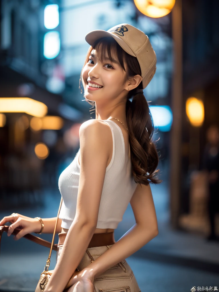 ((Ultra high resolution, highest quality, masterpiece: 1.2), (realistic, photorealistic: 1.37), highly detailed, (Nightclub, professional lighting, photon mapping, radiosity, physically-based rendering, masterpiece, rich details, background blur))
A cute Japanese woman, 18 years old, wearing a casual outfit. The outfit consists of a white baseball cap, a pink sleeveless crop top, and dark brown pants. She is carrying a small, textured handbag. Her hair is styled in long, wavy twin-tails with a light brown color, partially hidden under the cap. She has a happy smile, showing her teeth, and has glossy skin and shiny hair. The scene is highly detailed, with professional and realistic lighting. The style is realistic and photorealistic, with extreme attention to detail, and the character has an anatomically correct body structure. The character has a nice body and very beautiful skin. She is facing to the right, looking away from the camera with a natural, candid expression. Her gaze is directed to her right, avoiding the camera completely. (Correct body structure, accurate anatomy, ultra-high quality, realistic lighting, nice body, very beautiful skin, nightclub background, background blur, facing right, looking away from the camera, natural candid photo)