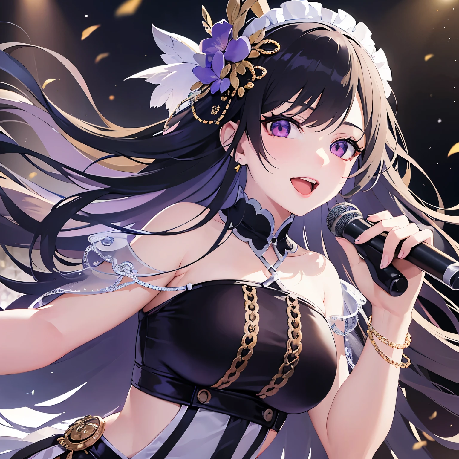 Upper Body, Realistic, real person, (pale skin: 1.2), RAW photo, photorealistic, shiny skin, shiny hair、(25 year old woman with bangs) and (black hair) and (purple eyes) , hair accessory, (white) and (idol girl) 、smile, open mouth, Singing and dancing on stage、