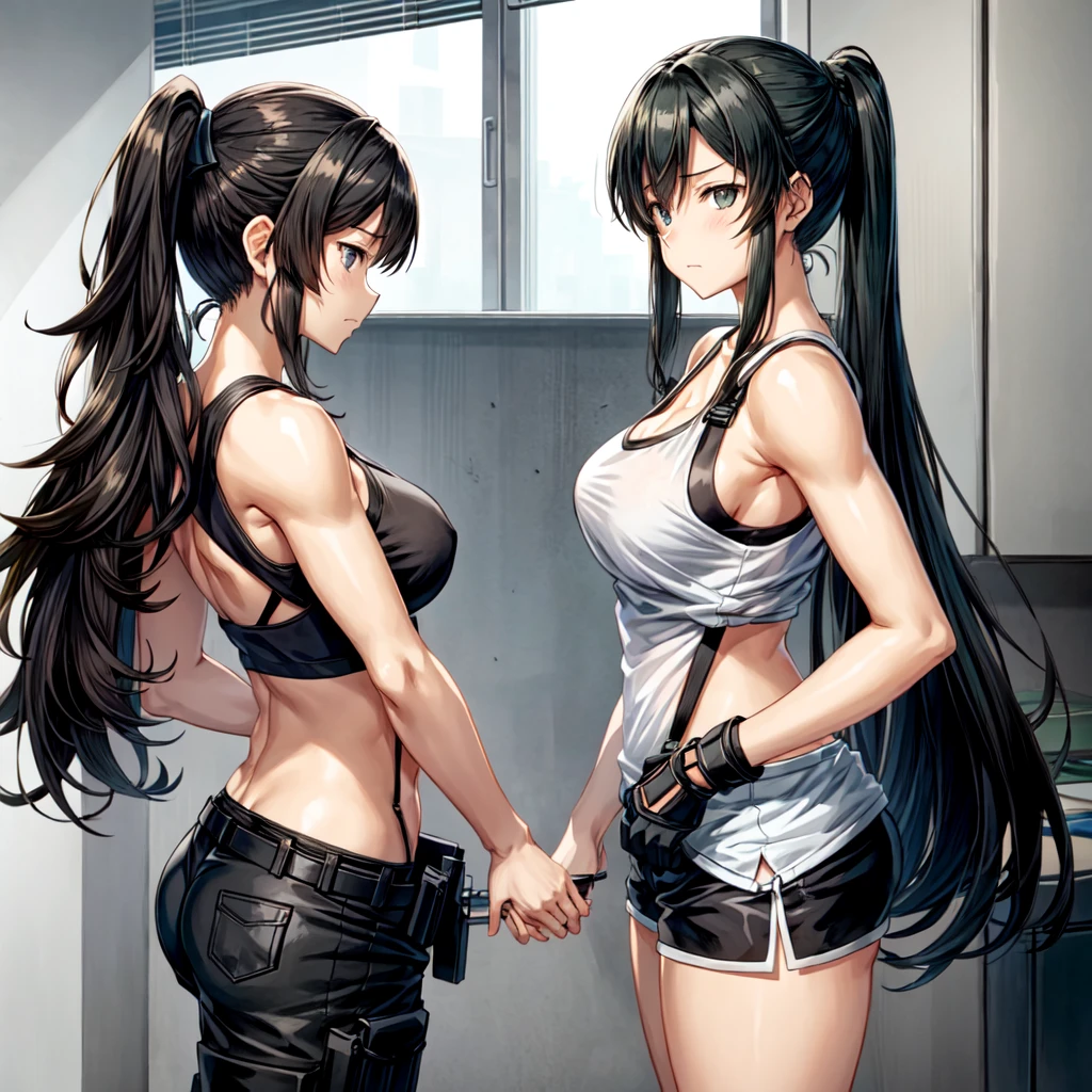 a woman in a white tank top and black shorts, yoki shinkawa, by Nagasawa Rosetsu, girls frontline cg, range murata, muscular sweat lara croft, ayamin kojima, rei hiroe black lagoon manga, by Takeuchi Seihō, mai yoneyama, realistic anime style at pixiv, from girls frontline