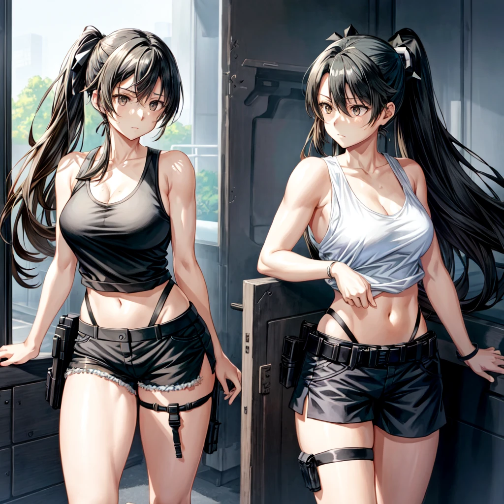 a woman in a white tank top and black shorts, yoki shinkawa, by Nagasawa Rosetsu, girls frontline cg, range murata, muscular sweat lara croft, ayamin kojima, rei hiroe black lagoon manga, by Takeuchi Seihō, mai yoneyama, realistic anime style at pixiv, from girls frontline