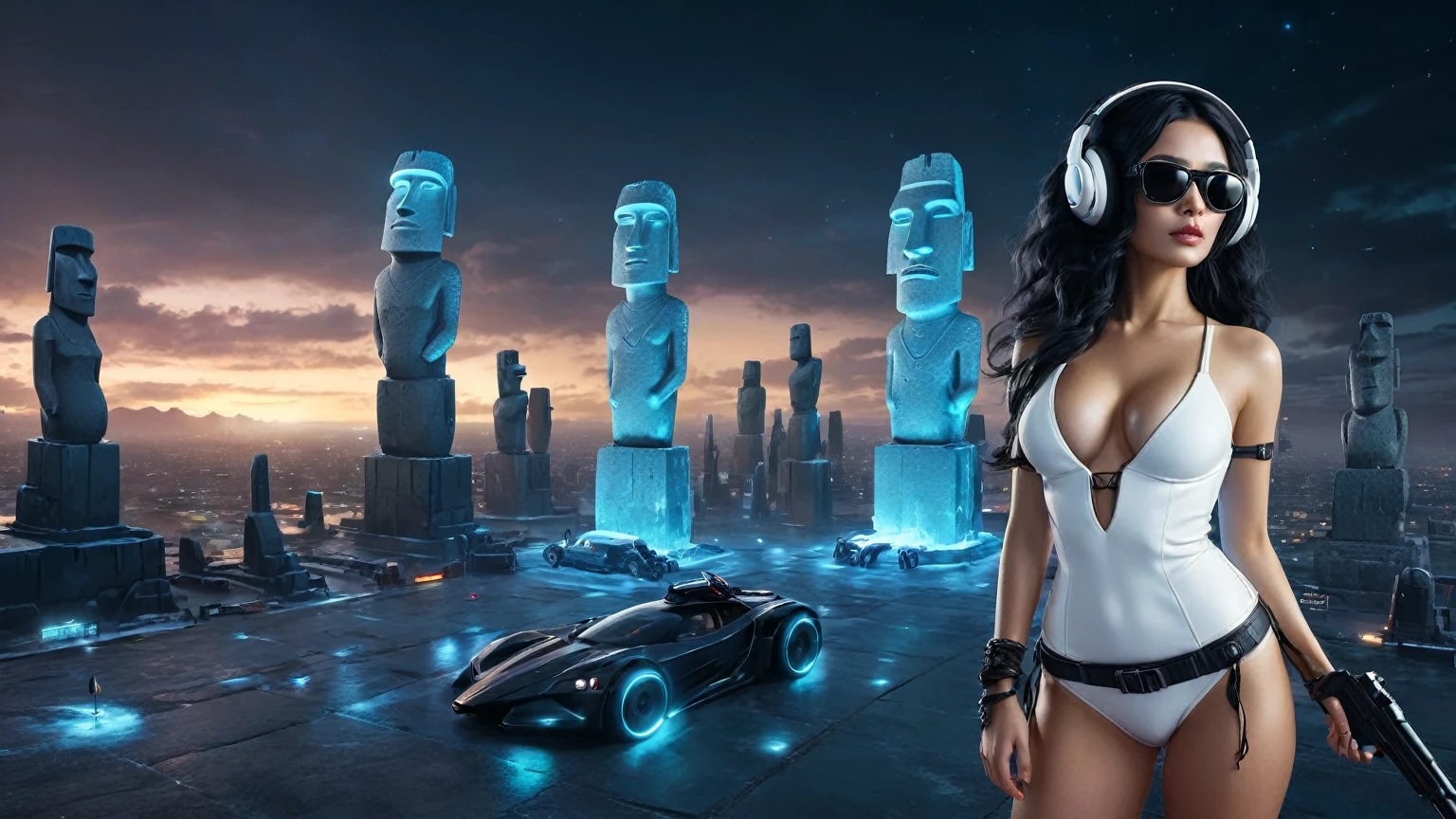 At night, dark sky, distant shot aerial view of fantasy cyberpunk style ice ((Moai-statue)) city, ((flying car)). ((1girl, solo, alone)), medium-breast:1.1 slim body, cleavage, sexy clothes, (headphone, black sunglasses, long black realistic hair), (((hip-up standing and holding pistol))), half-body thigh level medium shot, cinematic lighting.