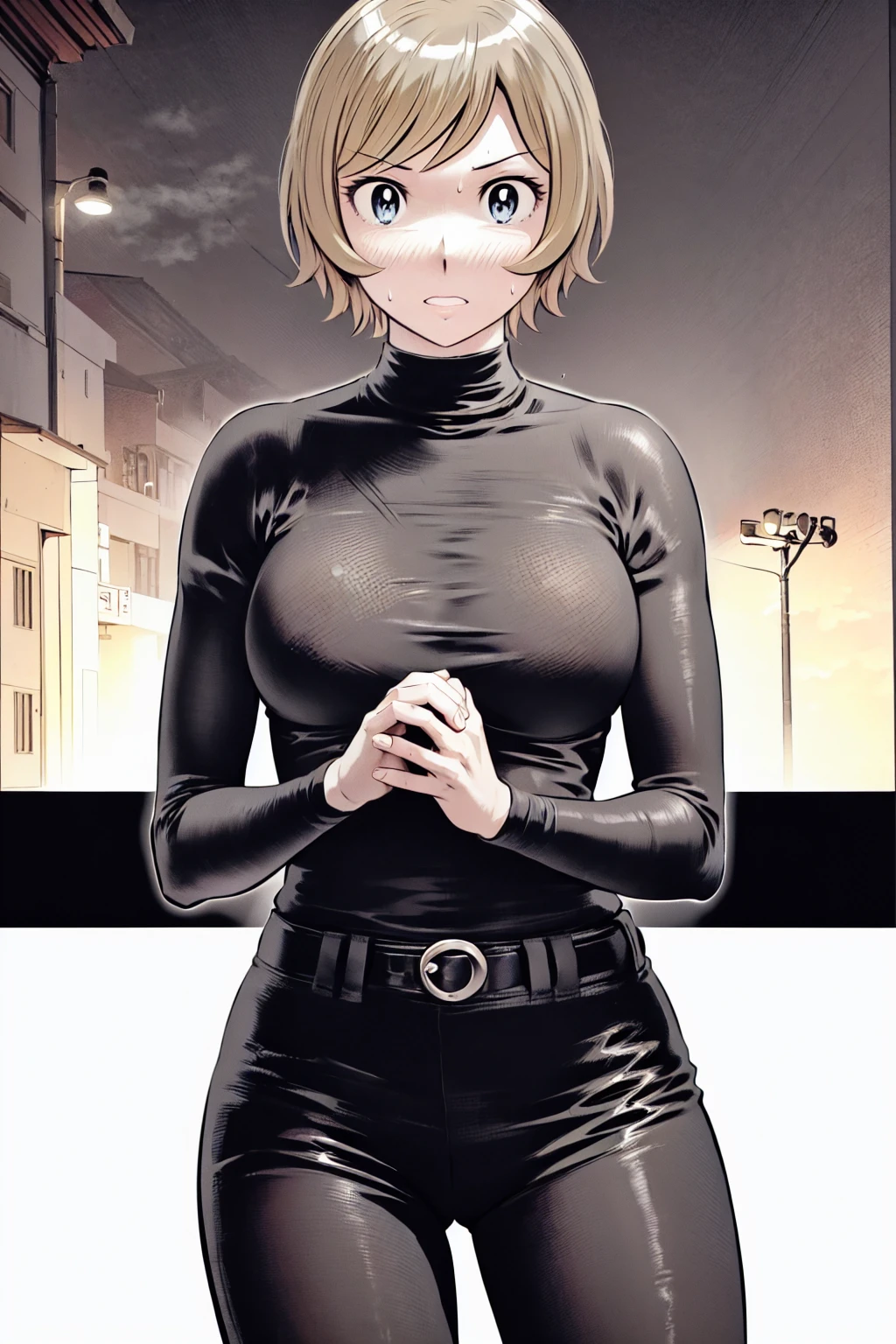 、(masterpiece、Highest quality)、Highest quality, Ultra-high resolution, (((masterpiece))), alone, Sweat、Big eyes,Tight black shirt、Tight white pants、belt、indoor、Composition from the front、(後ろCut your hair short、short hair、blonde、woman)、Shortcuts、Embarrassed face、Cut your hair short、可愛いwomanの子、Big Breasts、office