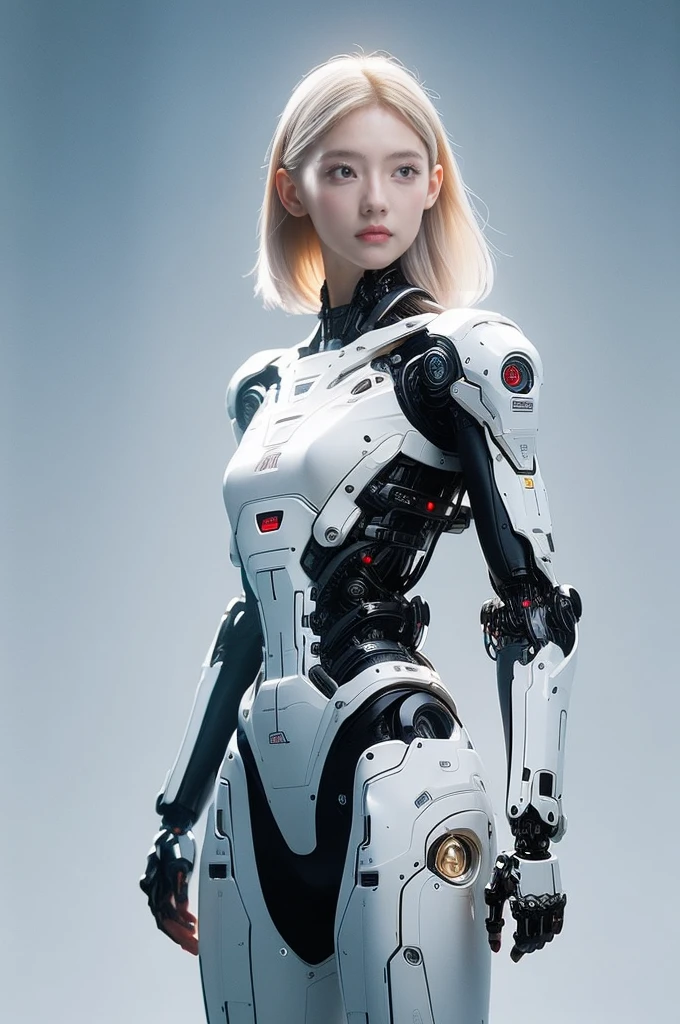 {{best quality, 1080P, Masterpiece, Ultra high resolution, photorealistic, ultra realism, Realistic skin texture, Extreme skin detail, dslr, Detailed eyes, blue eyes, Facing the camera, A very beautiful young face, Concise facial structure, Pale skin, Realistic skin texture, Extreme skin detail, oc render reflection textures, Realistic light and shadow, Single picture, alone, beautiful chinese girl face, The body is slim and balanced., Age 20, Height 170, naked girl, Nude, sexy pose, no underwear, A girl with the body of a mechanical robot., Transparent futuristic black glass mech armor suit, The mechanical cervix is attached to the neck., flat stomach, Girl with perfect robot arms and legs, You can see the pattern from the top of the head to the feet., Stand until you can see your feet., full body view, Whole body photo.}}